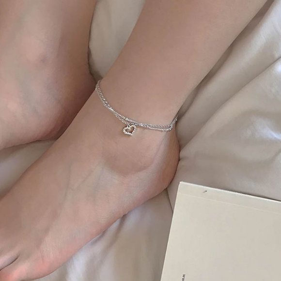 NEW 925 Sterling Silver Diamond Heart Anklet - Picture 3 of 6